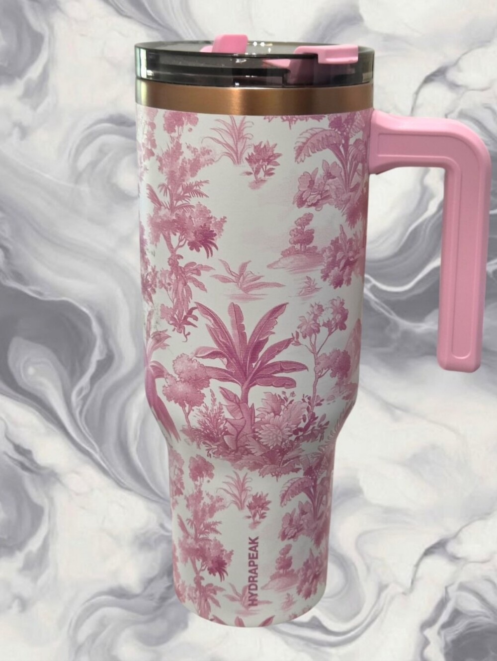Hydrapeak Voyager Pink "Toile De Jouy" Floral Travel Tumbler with Handle